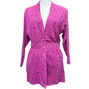 Vintage 80s 90s Pink Paisley Polka Dot‎ Cardigan Jacket Elastic Waist Retro